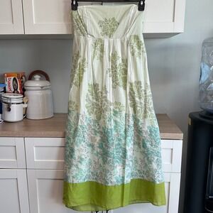 Y2K Cottagecore Fairy Floral Green White Strapless Dress Empire Midi Resort 12